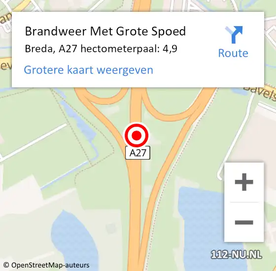 Locatie op kaart van de 112 melding: Brandweer Met Grote Spoed Naar Breda, A27 hectometerpaal: 4,9 op 21 september 2021 08:20