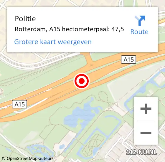 Locatie op kaart van de 112 melding: Politie Rotterdam, A15 hectometerpaal: 47,5 op 21 september 2021 08:48