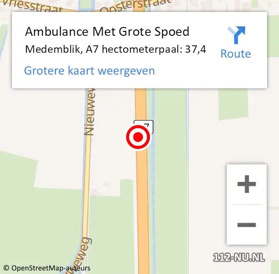 Locatie op kaart van de 112 melding: Ambulance Met Grote Spoed Naar Medemblik, A7 hectometerpaal: 37,4 op 21 september 2021 09:05