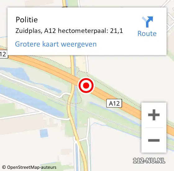 Locatie op kaart van de 112 melding: Politie Zuidplas, A12 hectometerpaal: 21,1 op 21 september 2021 11:50