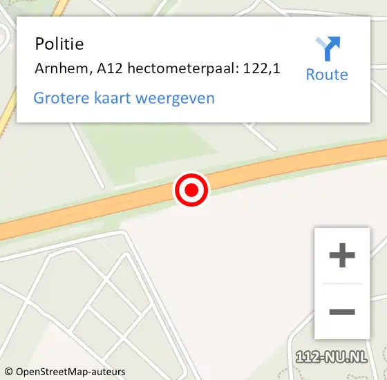 Locatie op kaart van de 112 melding: Politie Arnhem, A12 hectometerpaal: 122,1 op 21 september 2021 13:33