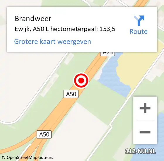 Locatie op kaart van de 112 melding: Brandweer Ewijk, A50 L hectometerpaal: 150,1 op 23 juni 2014 16:49