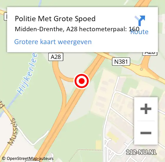 Locatie op kaart van de 112 melding: Politie Met Grote Spoed Naar Midden-Drenthe, A28 hectometerpaal: 160 op 21 september 2021 14:03