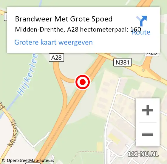 Locatie op kaart van de 112 melding: Brandweer Met Grote Spoed Naar Midden-Drenthe, A28 hectometerpaal: 160 op 21 september 2021 14:12