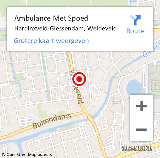 Locatie op kaart van de 112 melding: Ambulance Met Spoed Naar Hardinxveld-Giessendam, Weideveld op 21 september 2021 14:47