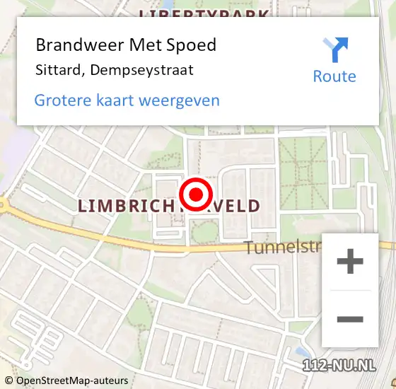 Locatie op kaart van de 112 melding: Brandweer Met Spoed Naar Sittard, Dempseystraat op 21 september 2021 14:59