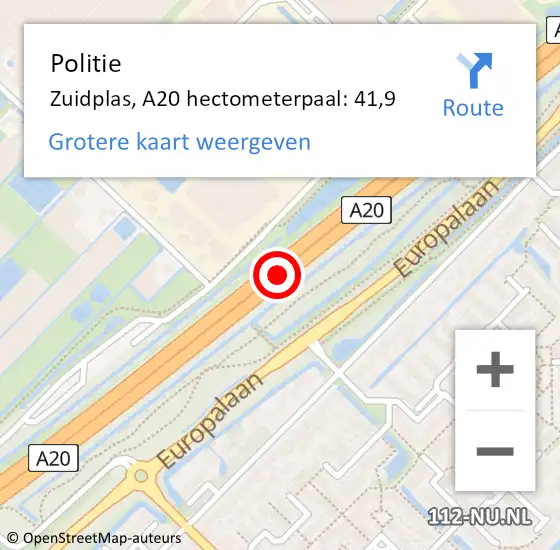 Locatie op kaart van de 112 melding: Politie Zuidplas, A20 hectometerpaal: 41,9 op 21 september 2021 15:02