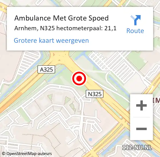 Locatie op kaart van de 112 melding: Ambulance Met Grote Spoed Naar Arnhem, N325 hectometerpaal: 21,1 op 21 september 2021 15:18