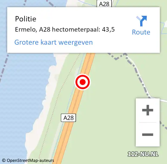 Locatie op kaart van de 112 melding: Politie Ermelo, A28 hectometerpaal: 43,5 op 21 september 2021 15:20