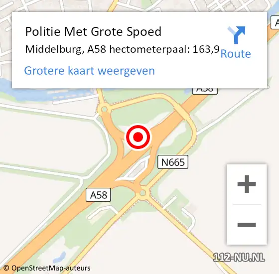 Locatie op kaart van de 112 melding: Politie Met Grote Spoed Naar Middelburg, A58 hectometerpaal: 163,9 op 21 september 2021 16:42
