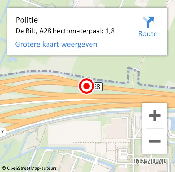 Locatie op kaart van de 112 melding: Politie De Bilt, A28 hectometerpaal: 1,8 op 21 september 2021 17:04