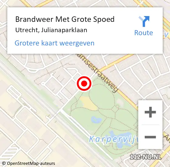 Locatie op kaart van de 112 melding: Brandweer Met Grote Spoed Naar Utrecht, Julianaparklaan op 21 september 2021 17:13