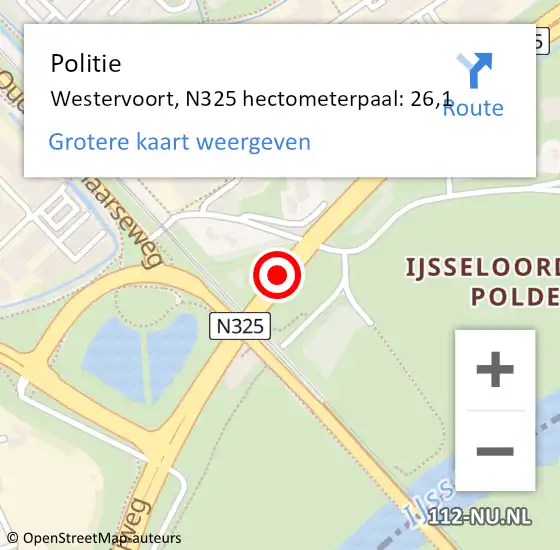 Locatie op kaart van de 112 melding: Politie Westervoort, N325 hectometerpaal: 26,1 op 21 september 2021 17:33