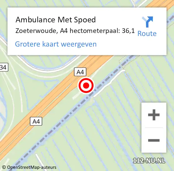 Locatie op kaart van de 112 melding: Ambulance Met Spoed Naar Zoeterwoude, A4 hectometerpaal: 36,1 op 21 september 2021 17:37