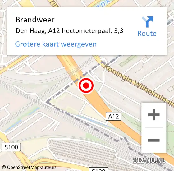 Locatie op kaart van de 112 melding: Brandweer Den Haag, A12 hectometerpaal: 3,3 op 21 september 2021 18:32
