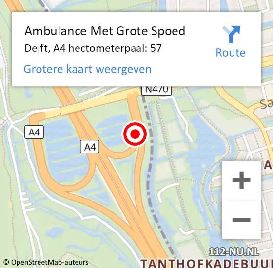 Locatie op kaart van de 112 melding: Ambulance Met Grote Spoed Naar Delft, A4 hectometerpaal: 57 op 21 september 2021 18:53