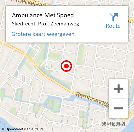 Locatie op kaart van de 112 melding: Ambulance Met Spoed Naar Sliedrecht, Prof. Zeemanweg op 21 september 2021 20:02