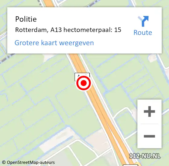 Locatie op kaart van de 112 melding: Politie Rotterdam, A13 hectometerpaal: 15 op 21 september 2021 22:47