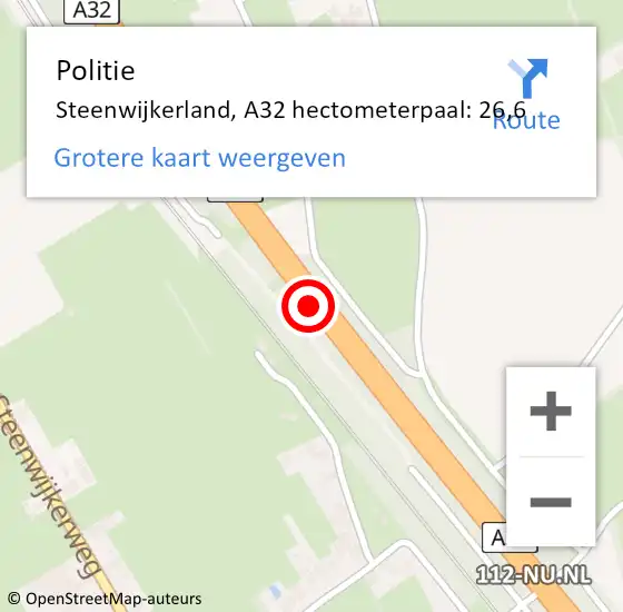 Locatie op kaart van de 112 melding: Politie Steenwijkerland, A32 hectometerpaal: 26,6 op 21 september 2021 23:12