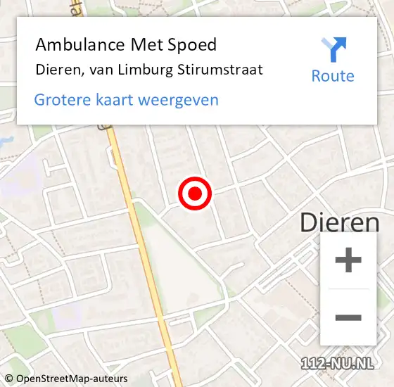 Locatie op kaart van de 112 melding: Ambulance Met Spoed Naar Dieren, van Limburg Stirumstraat op 21 september 2021 23:17