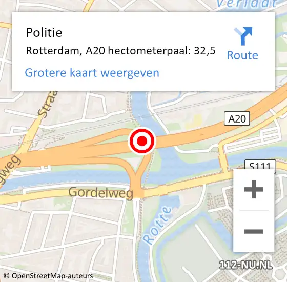 Locatie op kaart van de 112 melding: Politie Rotterdam, A20 hectometerpaal: 32,5 op 21 september 2021 23:28