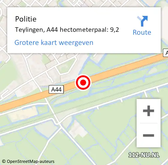 Locatie op kaart van de 112 melding: Politie Teylingen, A44 hectometerpaal: 9,2 op 22 september 2021 08:27