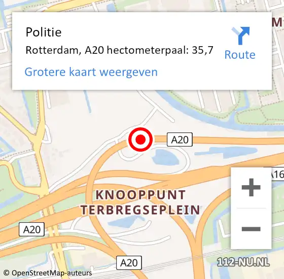 Locatie op kaart van de 112 melding: Politie Rotterdam, A20 hectometerpaal: 35,7 op 22 september 2021 08:47