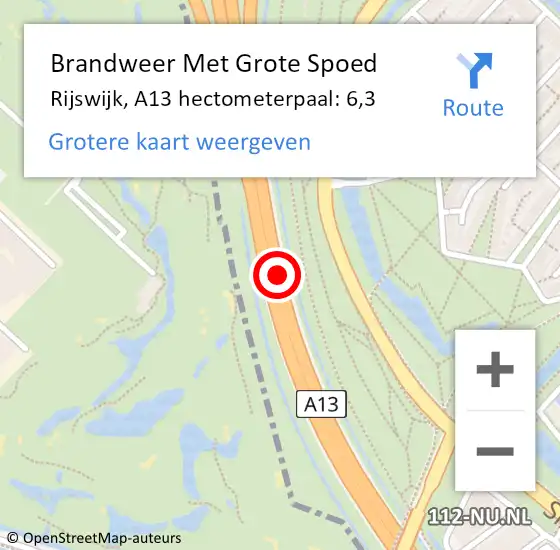 Locatie op kaart van de 112 melding: Brandweer Met Grote Spoed Naar Den Haag, A13 hectometerpaal: 6,3 op 22 september 2021 09:47