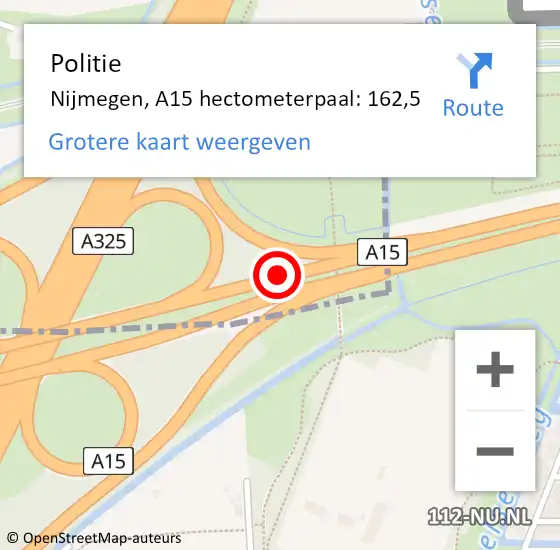 Locatie op kaart van de 112 melding: Politie Nijmegen, A15 hectometerpaal: 162,5 op 22 september 2021 13:03