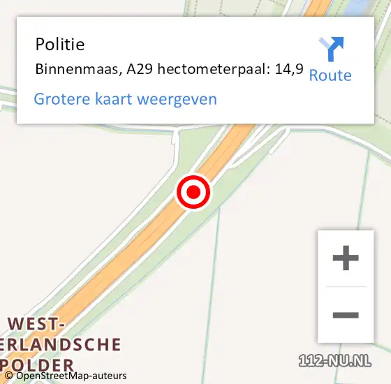 Locatie op kaart van de 112 melding: Politie Binnenmaas, A29 hectometerpaal: 14,9 op 22 september 2021 14:29