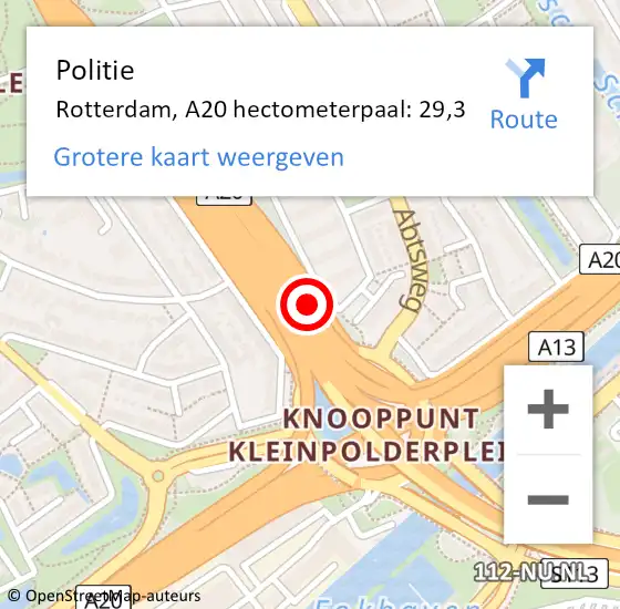 Locatie op kaart van de 112 melding: Politie Rotterdam, A20 hectometerpaal: 29,3 op 22 september 2021 14:44
