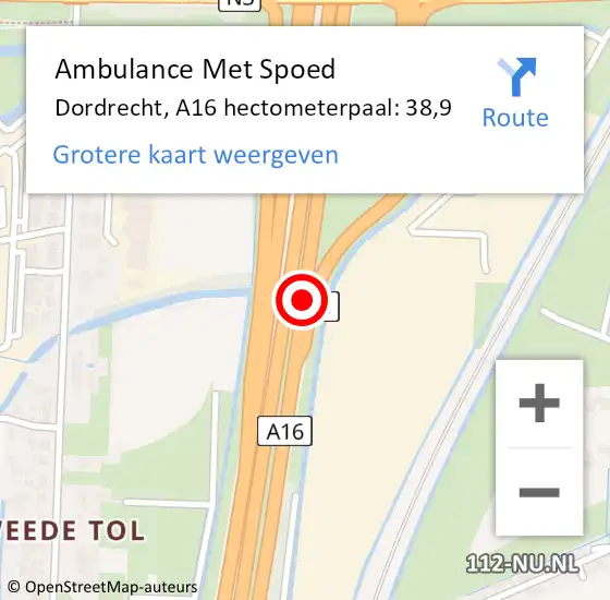 Locatie op kaart van de 112 melding: Ambulance Met Spoed Naar Dordrecht, A16 hectometerpaal: 38,9 op 22 september 2021 15:14