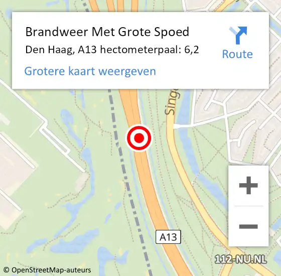 Locatie op kaart van de 112 melding: Brandweer Met Grote Spoed Naar Den Haag, A13 hectometerpaal: 6,2 op 22 september 2021 16:28