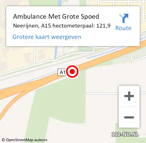 Locatie op kaart van de 112 melding: Ambulance Met Grote Spoed Naar Neerijnen, A15 hectometerpaal: 121,9 op 22 september 2021 16:58