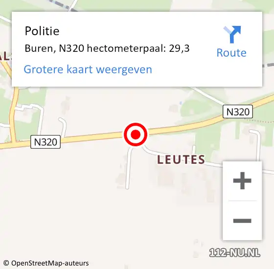 Locatie op kaart van de 112 melding: Politie Buren, N320 hectometerpaal: 29,3 op 22 september 2021 17:12
