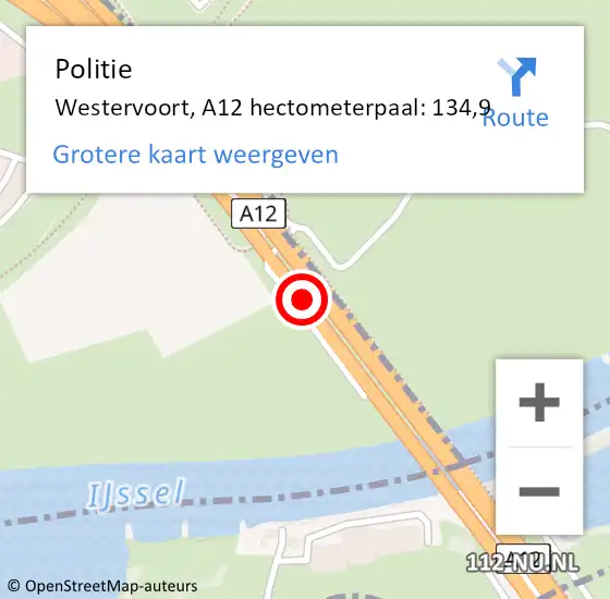 Locatie op kaart van de 112 melding: Politie Westervoort, A12 hectometerpaal: 134,9 op 22 september 2021 17:13