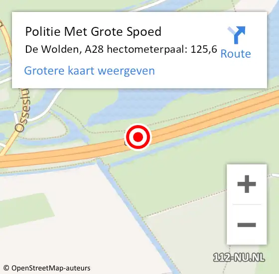 Locatie op kaart van de 112 melding: Politie Met Grote Spoed Naar De Wolden, A28 hectometerpaal: 125,6 op 22 september 2021 19:25