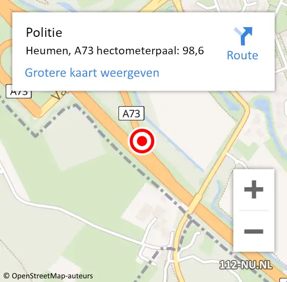 Locatie op kaart van de 112 melding: Politie Heumen, A73 hectometerpaal: 98,6 op 22 september 2021 19:53