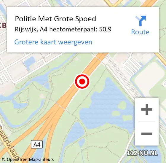 Locatie op kaart van de 112 melding: Politie Met Grote Spoed Naar Rijswijk, A4 hectometerpaal: 50,9 op 22 september 2021 21:21