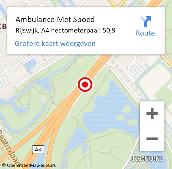 Locatie op kaart van de 112 melding: Ambulance Met Spoed Naar Rijswijk, A4 hectometerpaal: 50,9 op 22 september 2021 21:25