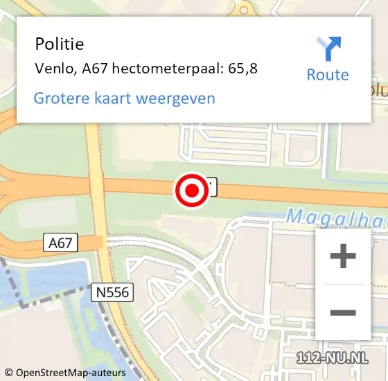 Locatie op kaart van de 112 melding: Politie Venlo, A67 hectometerpaal: 65,8 op 23 september 2021 07:58