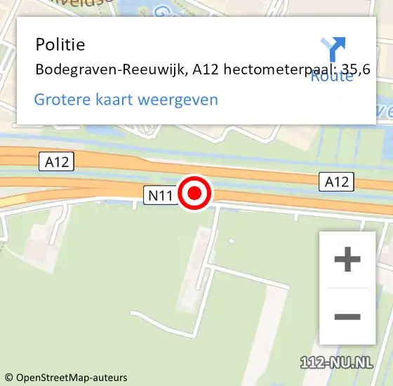 Locatie op kaart van de 112 melding: Politie Bodegraven-Reeuwijk, A12 hectometerpaal: 35,6 op 23 september 2021 10:13