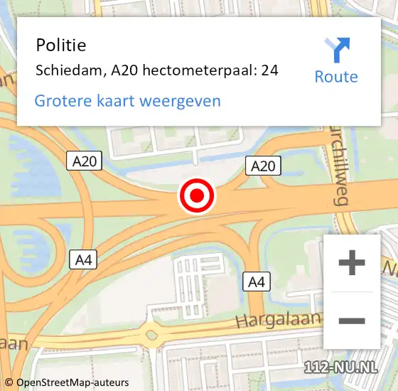 Locatie op kaart van de 112 melding: Politie Schiedam, A20 hectometerpaal: 24 op 23 september 2021 12:52