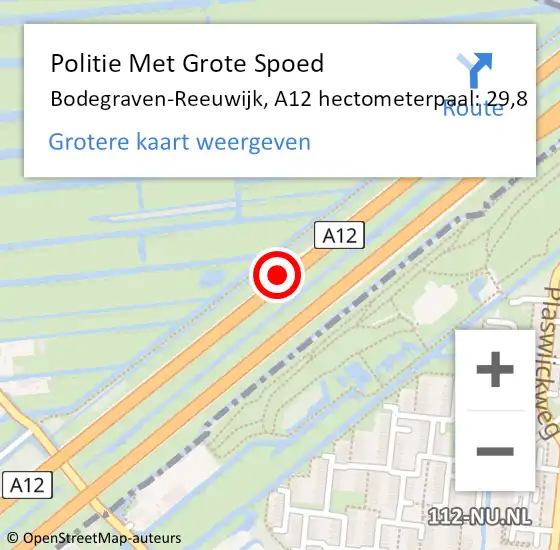 Locatie op kaart van de 112 melding: Politie Met Grote Spoed Naar Bodegraven-Reeuwijk, A12 hectometerpaal: 29,8 op 23 september 2021 15:28