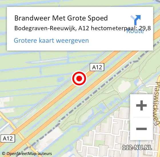 Locatie op kaart van de 112 melding: Brandweer Met Grote Spoed Naar Bodegraven-Reeuwijk, A12 hectometerpaal: 29,8 op 23 september 2021 15:29