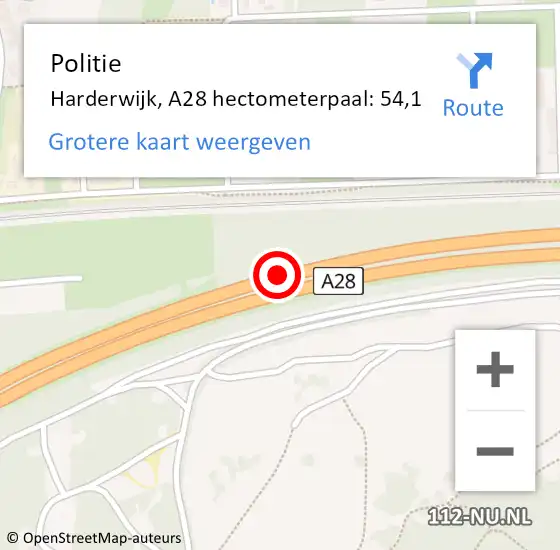 Locatie op kaart van de 112 melding: Politie Harderwijk, A28 hectometerpaal: 54,1 op 23 september 2021 16:07