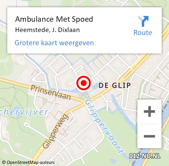 Locatie op kaart van de 112 melding: Ambulance Met Spoed Naar Heemstede, J. Dixlaan op 23 september 2021 16:33