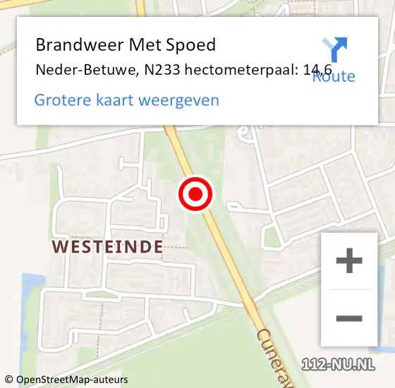 Locatie op kaart van de 112 melding: Brandweer Met Spoed Naar Neder-Betuwe, N233 hectometerpaal: 14,6 op 23 september 2021 17:12