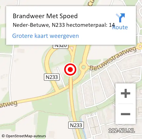 Locatie op kaart van de 112 melding: Brandweer Met Spoed Naar Neder-Betuwe, N233 hectometerpaal: 14 op 23 september 2021 20:38