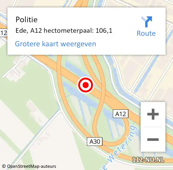 Locatie op kaart van de 112 melding: Politie Heumen, A12 hectometerpaal: 106,1 op 23 september 2021 22:10